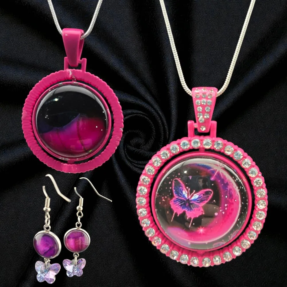 Spinner Rhinestone Necklace & Earring Set handmade fluid art by Fuzzy Trio Design in Phoenix, AZ