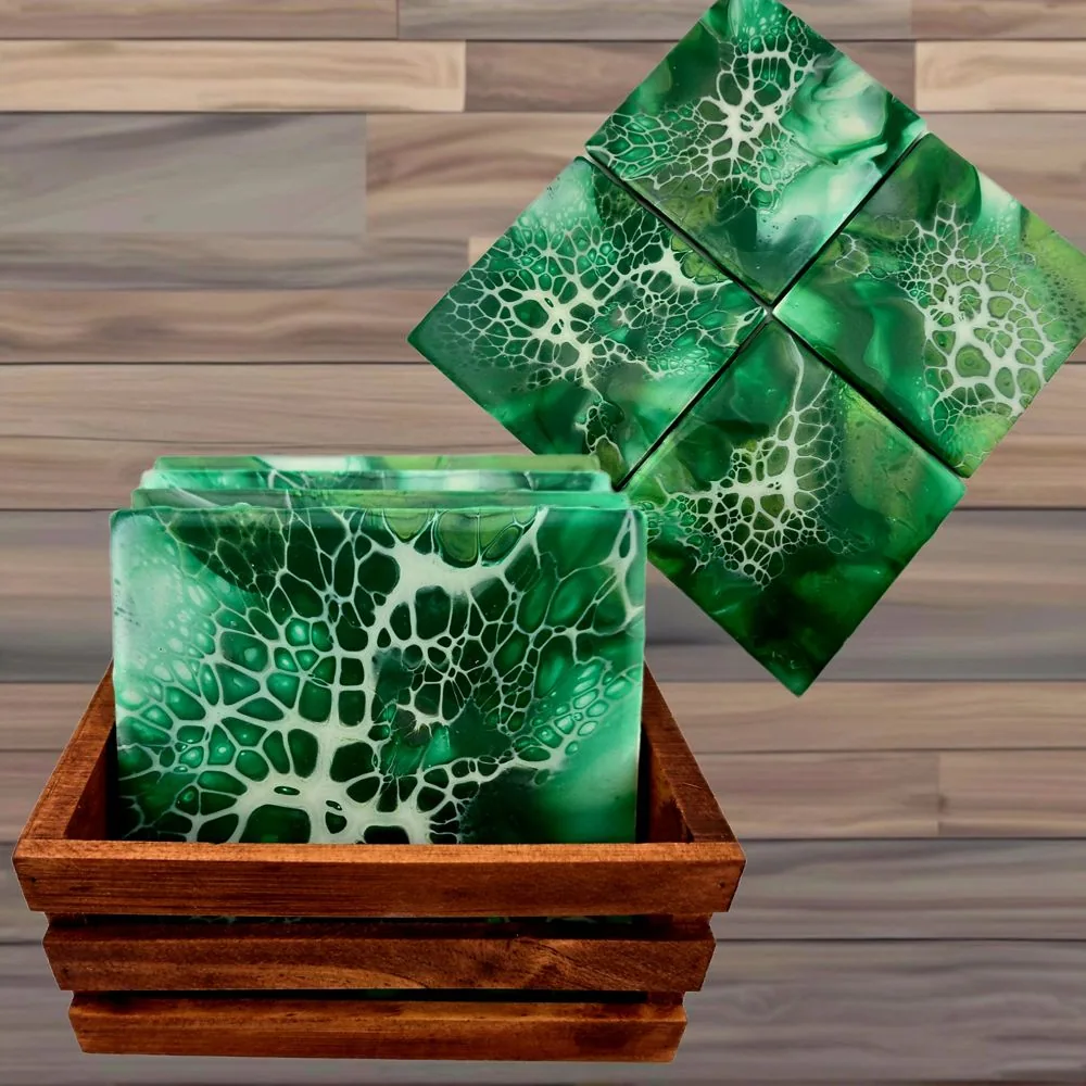 Square Emerald Green Coasters w/Wooden Caddy – Set of 4 – Handmade-B handmade fluid art by Fuzzy Trio Design in Phoenix, AZ