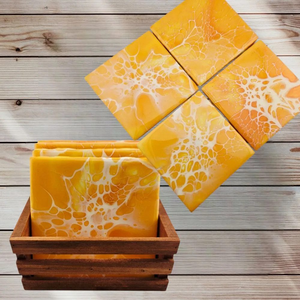 Square Orange Dream Coasters w/Wooden Caddy – Set of 4 – Handmade handmade fluid art by Fuzzy Trio Design in Phoenix, AZ