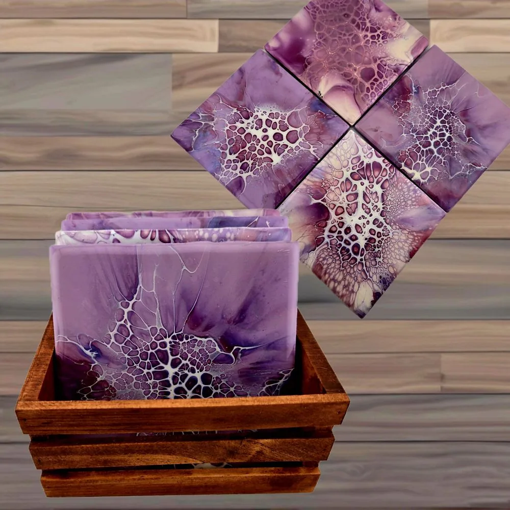 Square Purple Coasters w/Wooden Caddy – Set of 4 – Handmade-B handmade fluid art by Fuzzy Trio Design in Phoenix, AZ