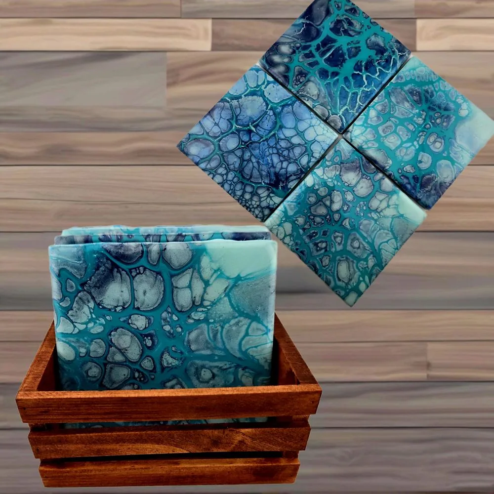 Square Teal Blue Coasters w/Wooden Caddy – Set of 4 – Handmade-B handmade fluid art by Fuzzy Trio Design in Phoenix, AZ