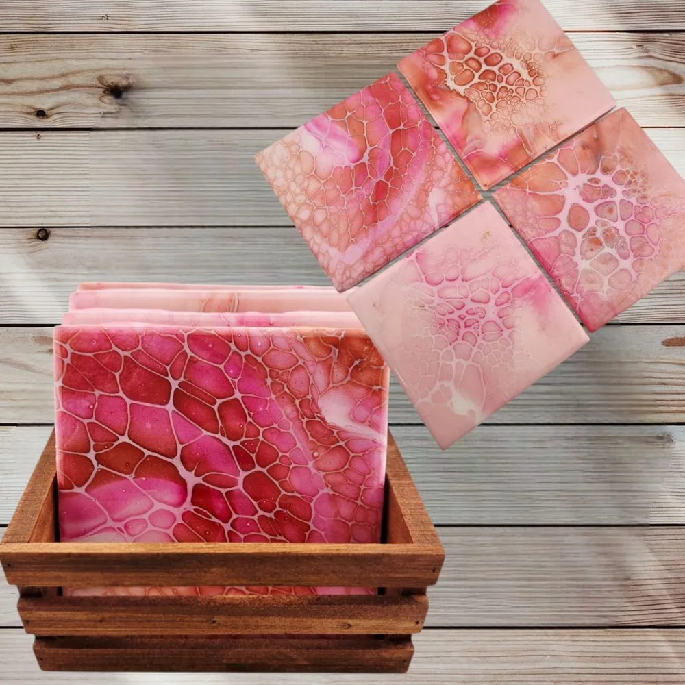 Square Vibrant Pink Coasters w/Wooden Caddy – Set of 4 – Handmade handmade fluid art by Fuzzy Trio Design in Phoenix, AZ