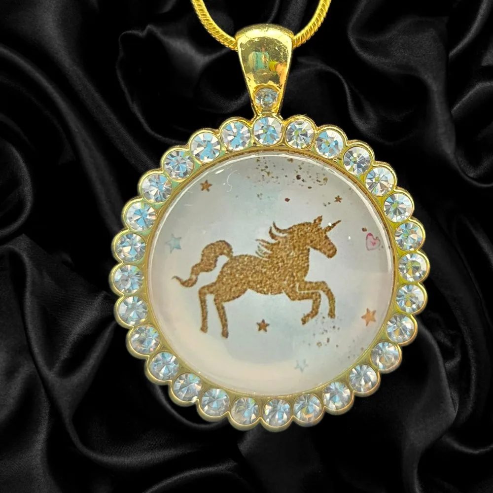 Starry Unicorn Rhinestone Necklace – Gold Toned handmade fluid art by Fuzzy Trio Design in Phoenix, AZ