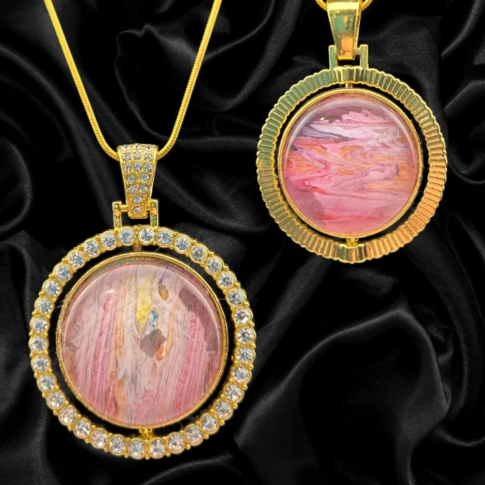 Sunset Swirl Rotating Pendant Necklace – Gold Tone handmade fluid art by Fuzzy Trio Design in Phoenix, AZ