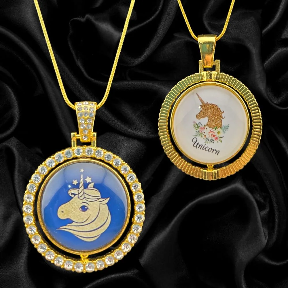 Unicorn Double-Sided Rotating Pendant Necklace – Gold Tone handmade fluid art by Fuzzy Trio Design in Phoenix, AZ