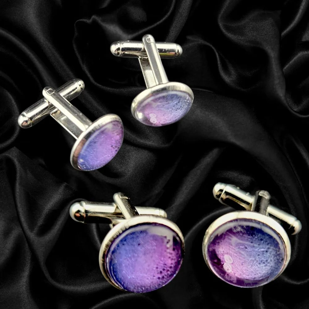 Violet Aurora Abstract Cuff Links handmade fluid art by Fuzzy Trio Design in Phoenix, AZ