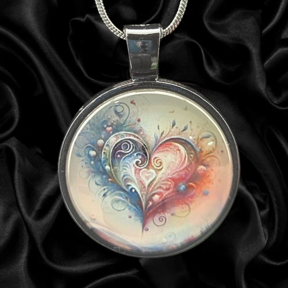 Whimsical Love Swirl Necklace handmade fluid art by Fuzzy Trio Design in Phoenix, AZ