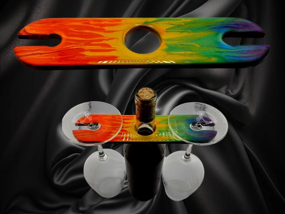 Wine Caddy in a colorful rainbow palette- for 1 bottle of wine and 2 glasses – Handmade handmade fluid art by Fuzzy Trio Design in Phoenix, AZ
