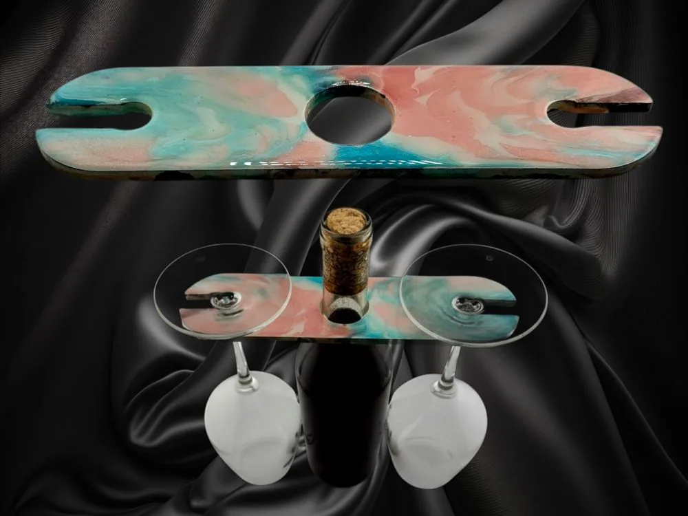 Wine Caddy in a light pink and blue palette- for 1 bottle of wine and 2 glasses – Handmade handmade fluid art by Fuzzy Trio Design in Phoenix, AZ