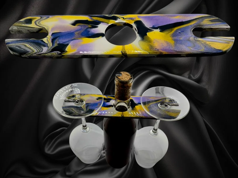 Wine Caddy in a lively yellow, purple, and black palette – for 1 bottle of wine and 2 glasses – Handmade handmade fluid art by Fuzzy Trio Design in Phoenix, AZ