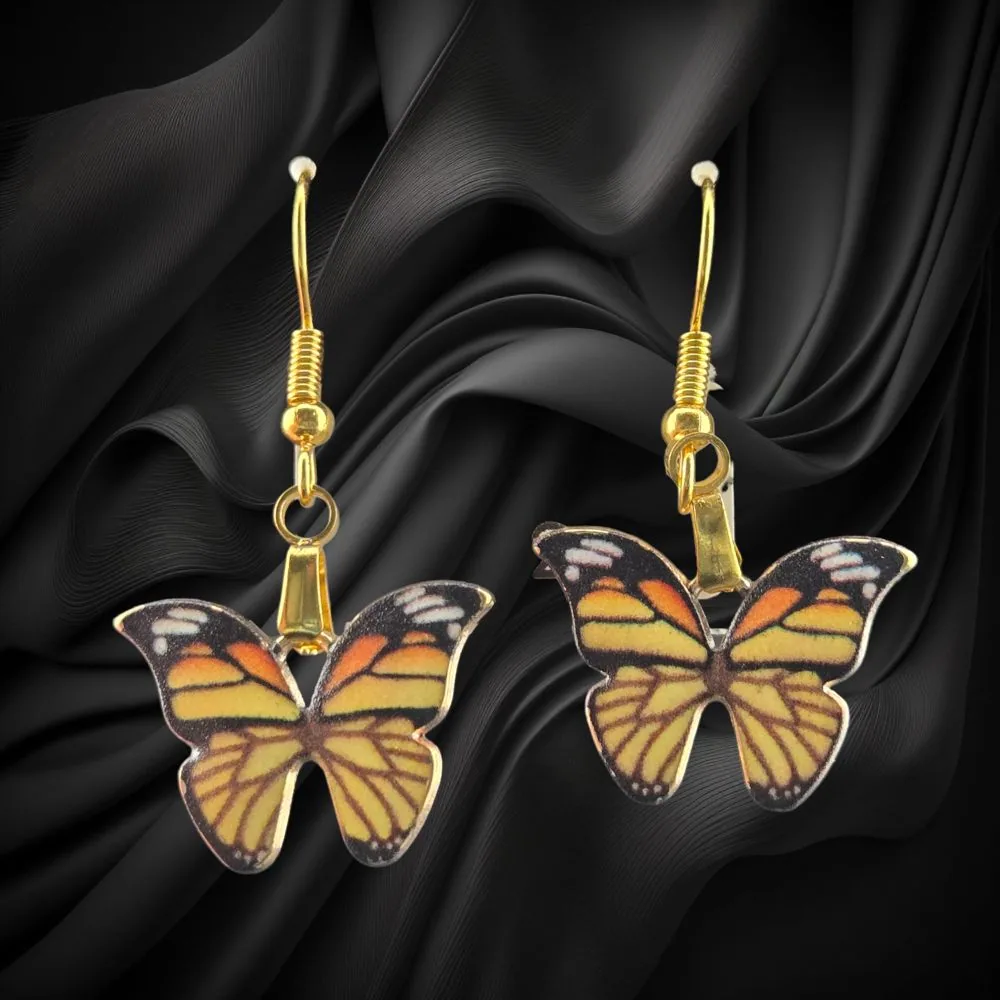Yellow Butterfly Hanging Earrings (18mm) handmade fluid art by Fuzzy Trio Design in Phoenix, AZ