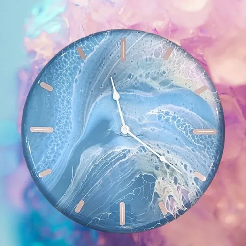 Blue and pink fluid art upcycled vinyl-record clock