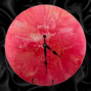 Handpainted Vinyl Record Wall Clock – 12" – Crimson Pulse