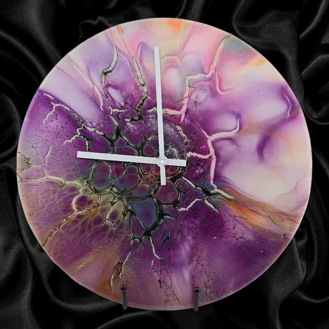 Handpainted Vinyl Record Wall Clock – 12" – Violet Bloom