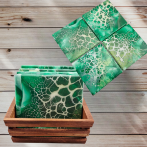 Square Emerald Green Coasters w/Wooden Caddy - Set of 4 - Handmade