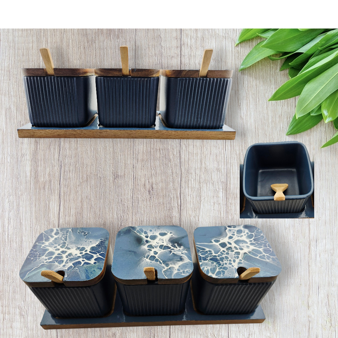 Set of 3 ceramic jars with wooden spoons and tray in a dusty blue and white palette - Handmade