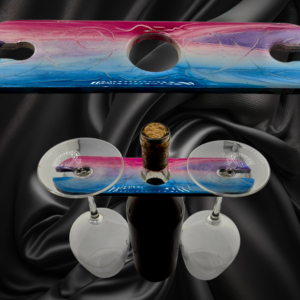 Wine Caddy in a bright pink, purple, and blue palette - for 1 bottle of wine and 2 glasses - Handmade