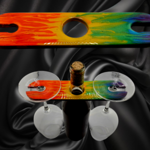 Wine Caddy in a colorful rainbow palette- for 1 bottle of wine and 2 glasses - Handmade