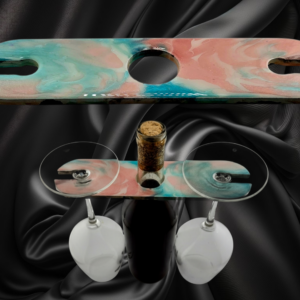 Wine Caddy in a light pink and blue palette- for 1 bottle of wine and 2 glasses - Handmade