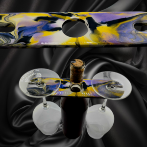 Wine Caddy in a lively yellow, purple, and black palette - for 1 bottle of wine and 2 glasses - Handmade