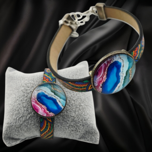 Adjustable Leather Bracelet Blue Pink Green - Handmade