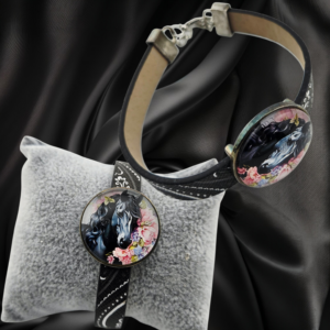 Adjustable Leather Bracelet Black Horse Pink Flowers - Handmade