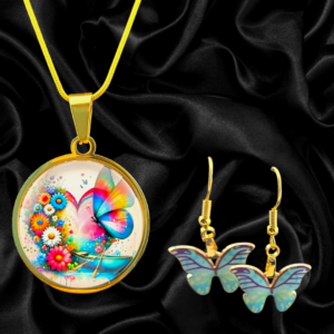 Gold Round Butterfly Necklace & Earring Set – Purple (1)