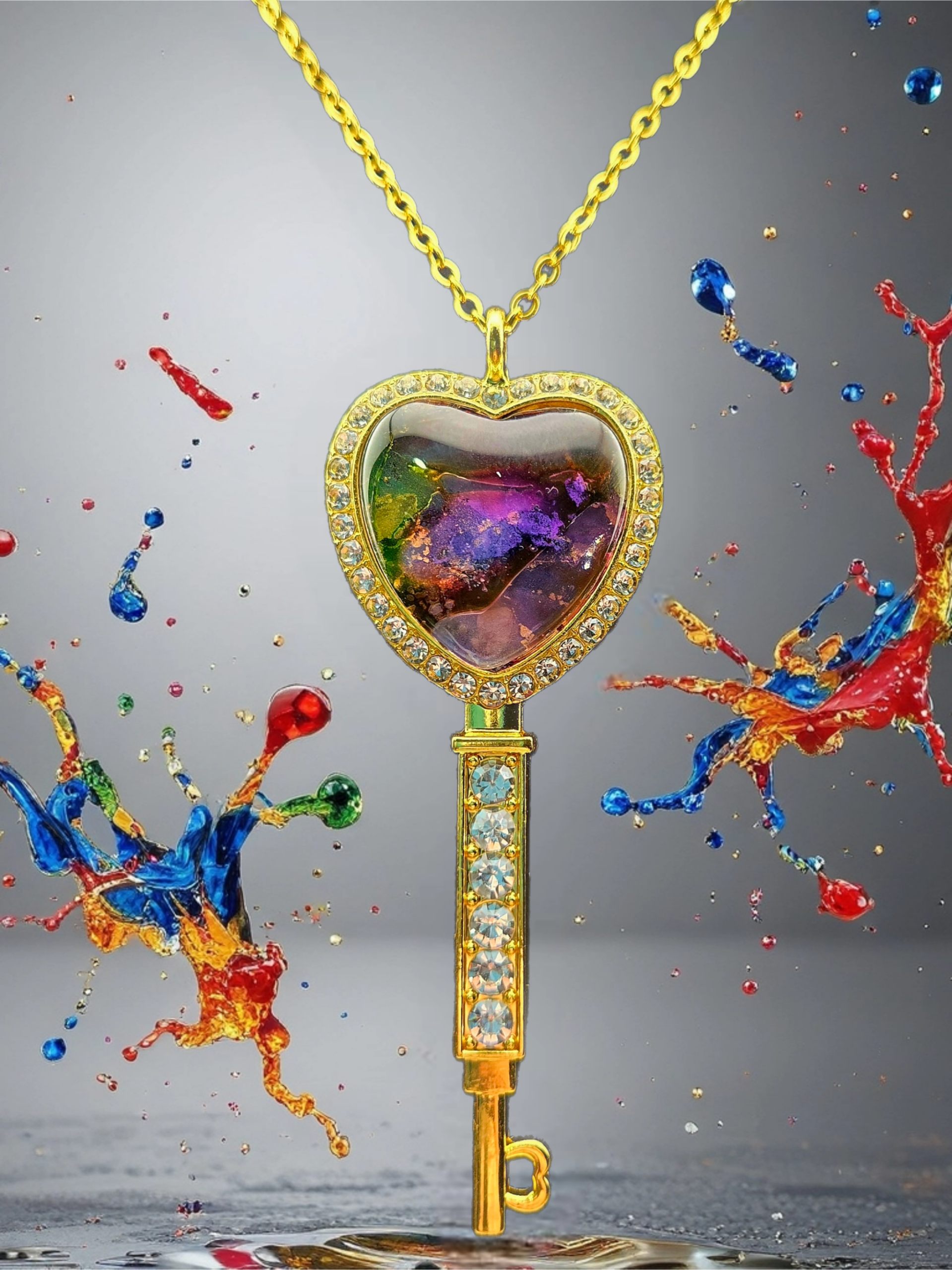 Gold Heart Key Necklace – Multicolor Abstract