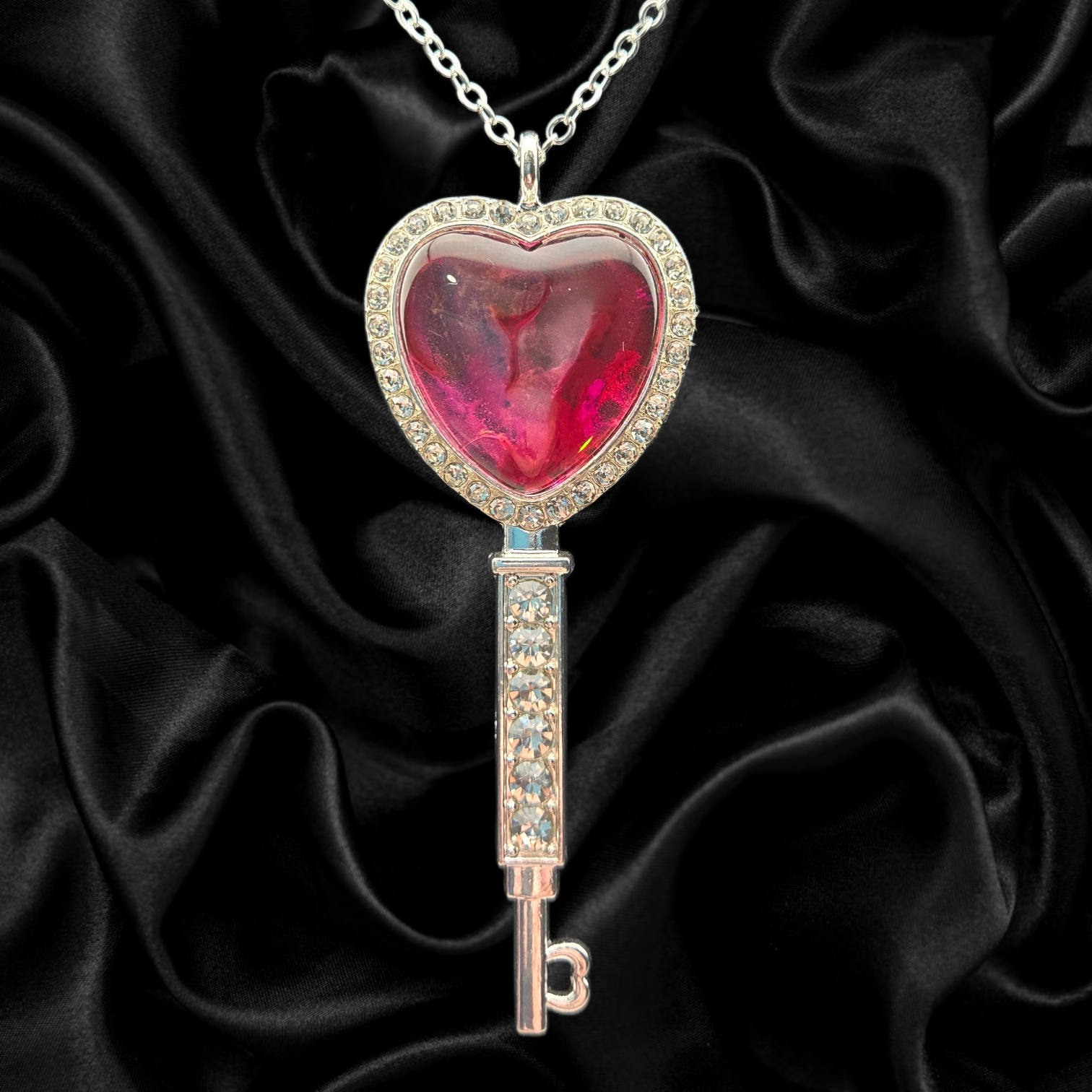 Silver Heart Key Necklace – Red Abstract