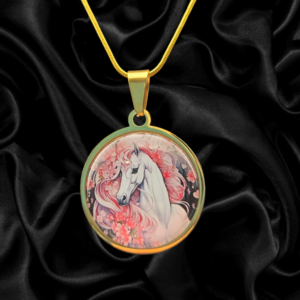 White Horse Floral Round Pendant Necklace – Gold Tone