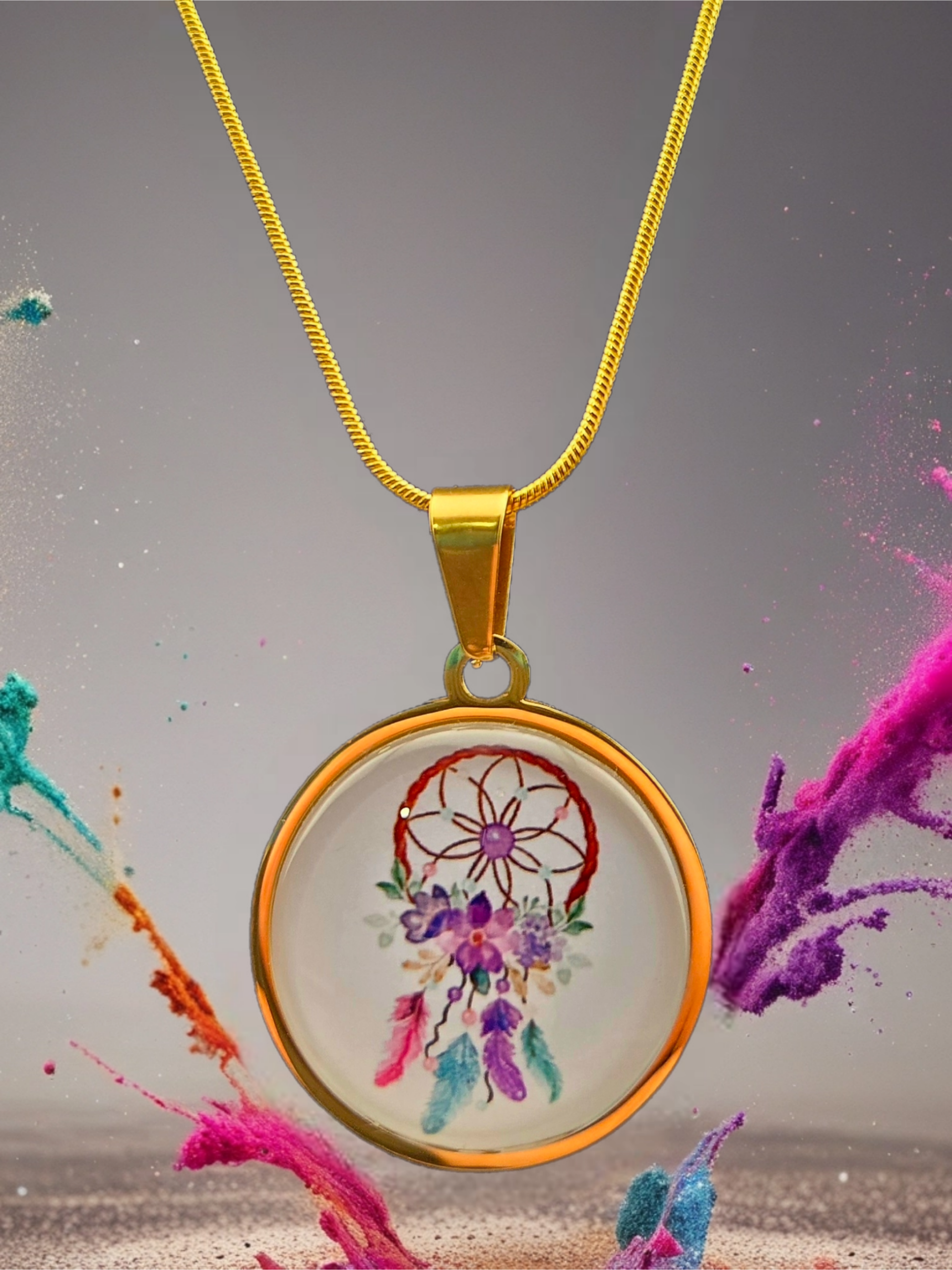 Dreamcatcher Floral Round Necklace – Gold Tone