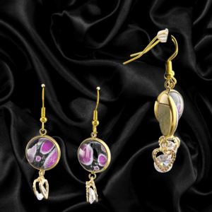 Gold Double Drop Earrings – 12mm Fluid Art & Diamond Heart (Purple)