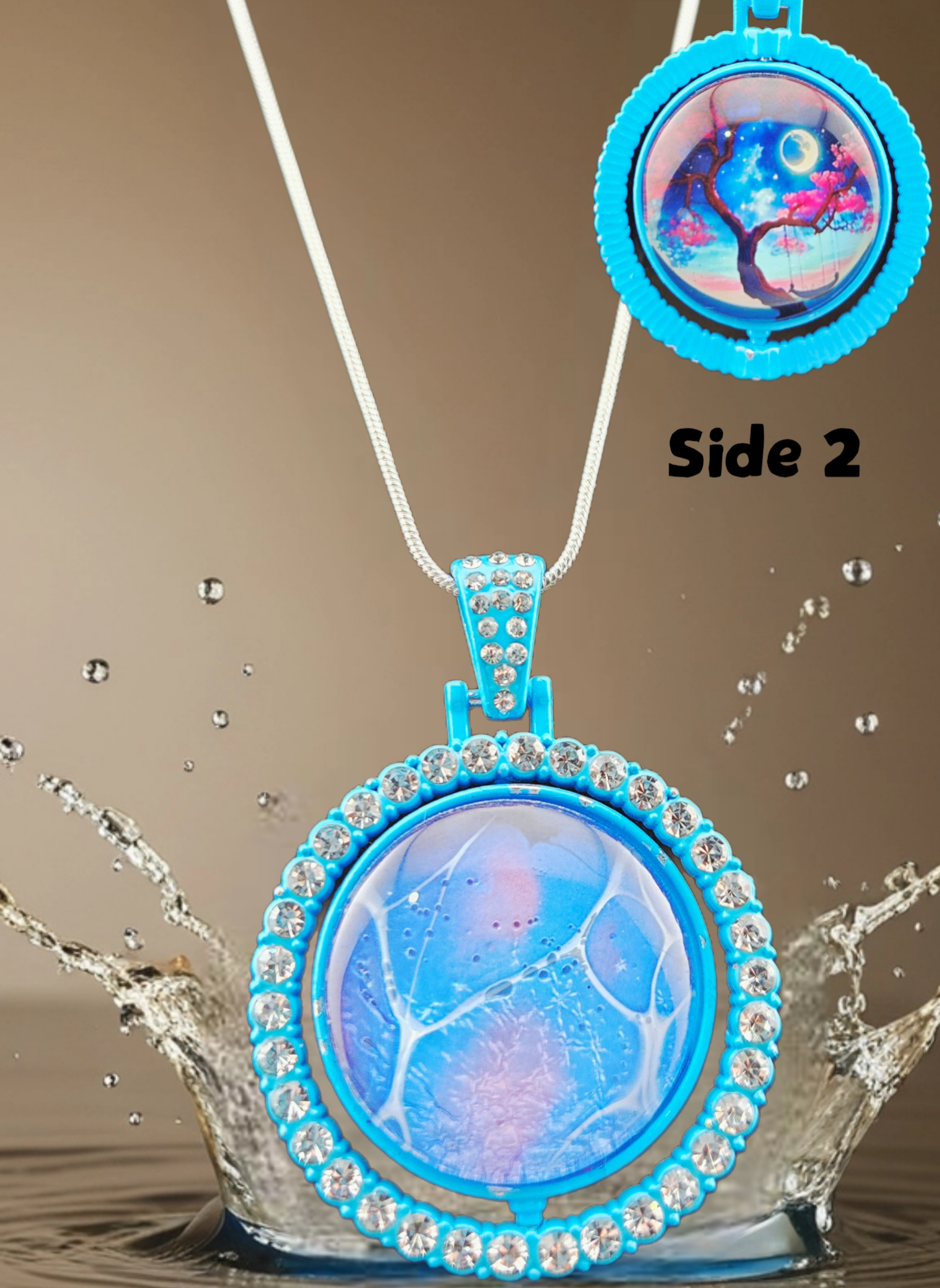 Blue Abstract Cellular Double-Sided Rotating Pendant Necklace