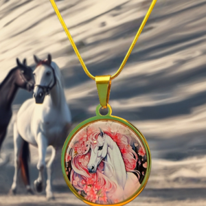White Horse Floral Round Pendant Necklace – Gold Tone