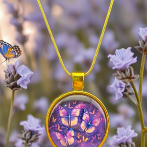 Purple Butterfly Garden Round Pendant Necklace