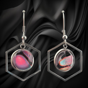 Pink & Teal Hex Frame Fluid Art Earrings – 12mm