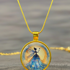 Moonlit Fairy Silhouette Necklace – Gold Round Pendant