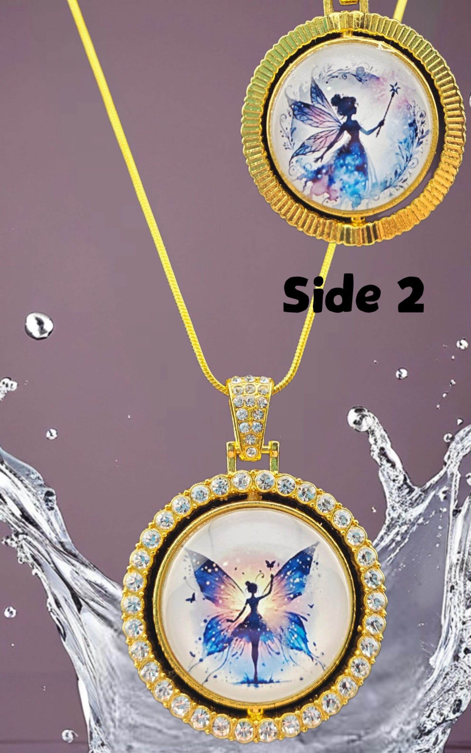 Fairy Silhouette -Double-Sided Rotating Pendant Necklace-Gold Tone