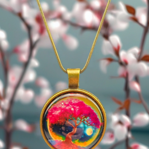 Pink Blossom Tree Round Pendant Necklace – Gold Tone