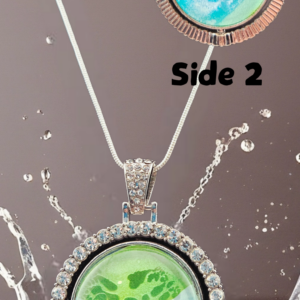 Double-Sided Aqua & Green Abstract Rotating Pendant Necklace – Silver