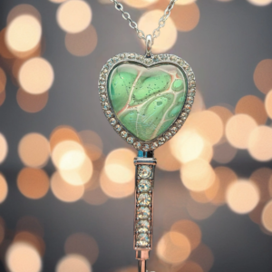 Silver Heart Key Necklace – Soft Green Abstract