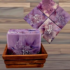 Square Purple Coasters w/Wooden Caddy - Set of 4 - Handmade-B