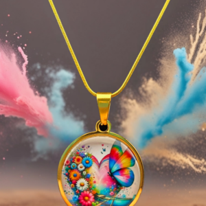 Rainbow Butterfly Floral Heart Pendant Necklace
