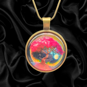 Pink Blossom Tree Round Pendant Necklace – Antique Bronze Tone