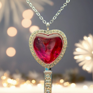 Silver Heart Key Necklace – Red Abstract