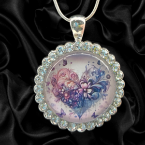 Floral Heart Rhinestone Necklace – Silver Toned