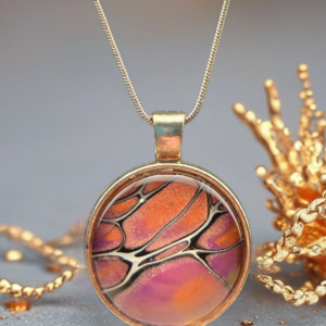 Pink & Orange Abstract Tiger Stripe Round Pendant Necklace – Gold Tone