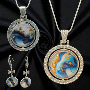 Double-Sided Rhinestone Necklace & Bow Earring Set – Blue